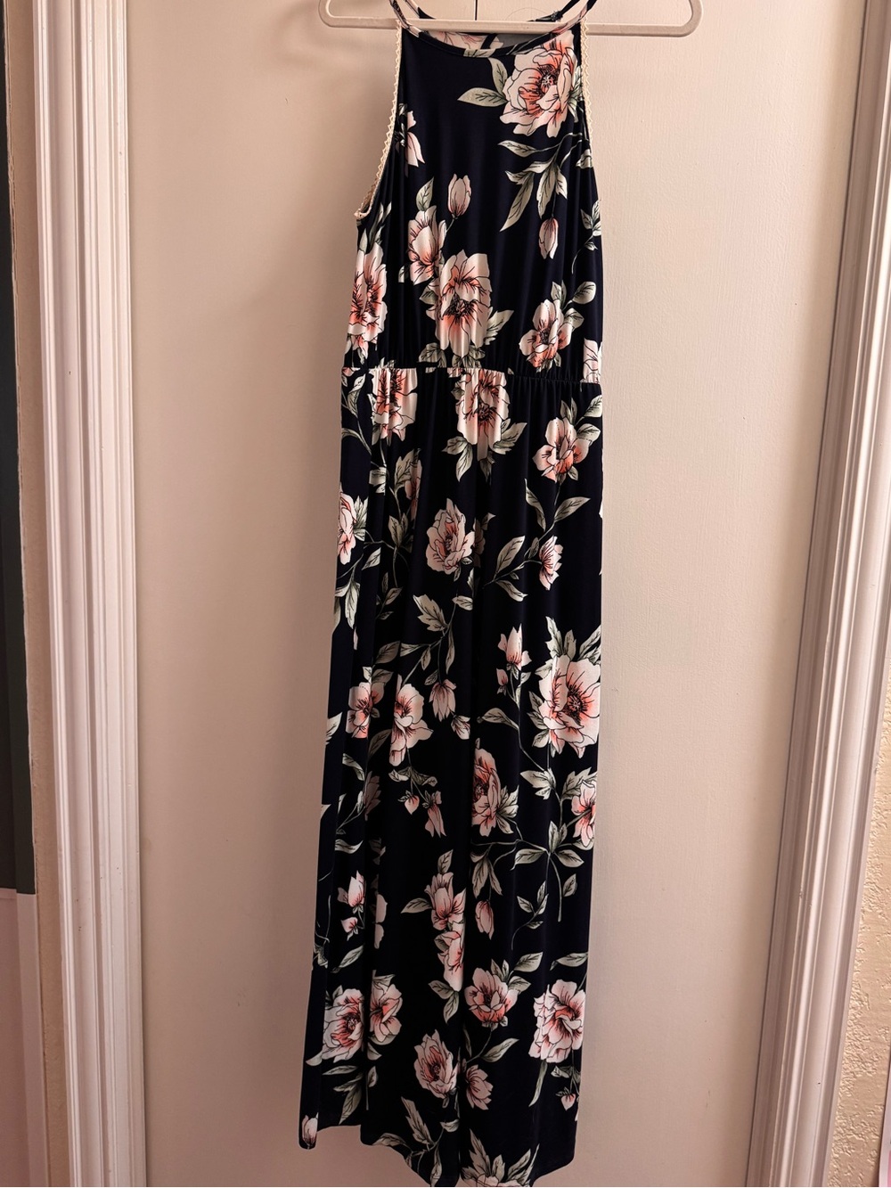 Navy Floral Maxi Dress with Blush Accents